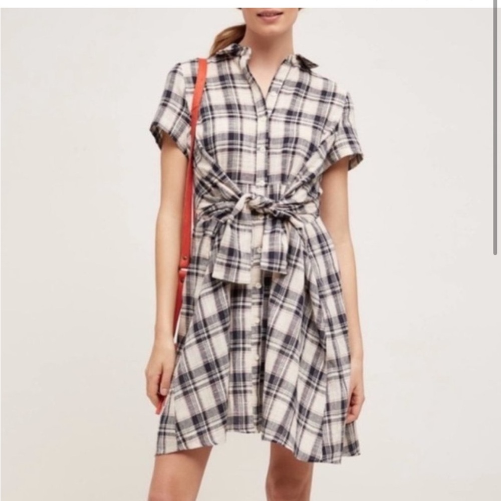 Anthropologie 11.1.Tylho Plaid Tie-Front Short Sleeve Shirt Dress Size M
